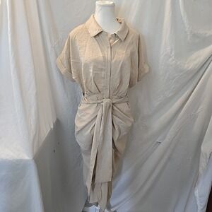 Vici Rhoden Wrap Tie Shirt Dress Ruches Detail Front Button Dress Taupe Sz L